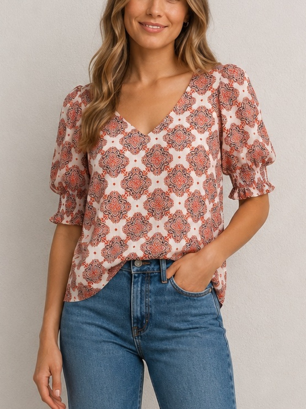 Rachel Zoe Red White Boho Medallion Print V-Neck Blouse Smocked 3/4 Sleeve Top L